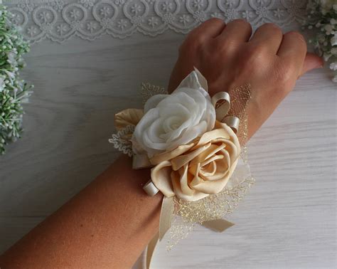 Ivory Gold Flowers Wrist Corsage Wedding Wrist Corsage Bridal Etsy