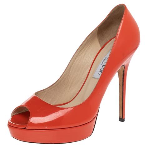 Jimmy Choo Orange Patent Leather Peep Toe Platform Pumps Size 38 For Sale At 1stdibs Jimmy