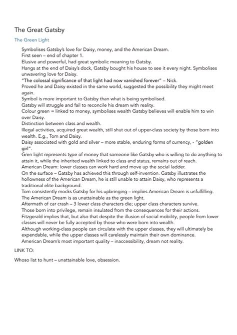 Analysis notes for the green light in the great gatsby - The Great