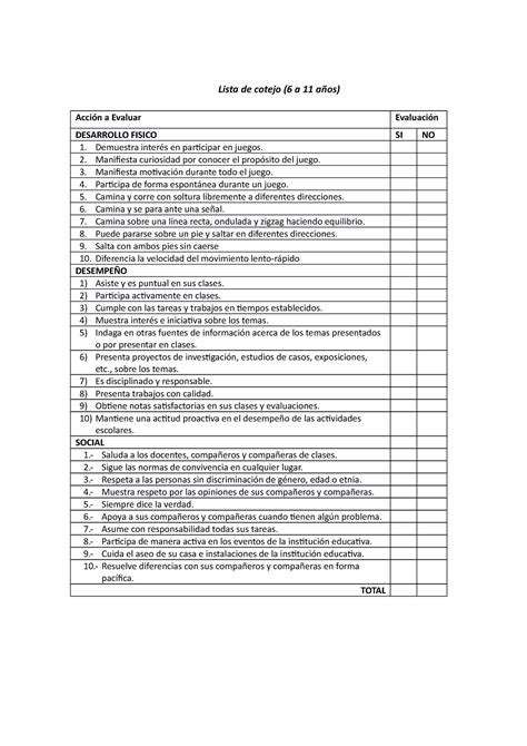 Lista De Cotejo Formato Lista De Cotejo A A Os Acci N A