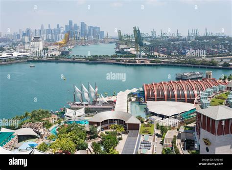 Aerial view of Central Business District and Port of Singapore from ...