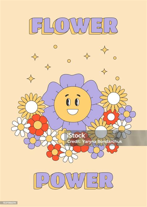 Flower Power Text And Cartoon Elements In Trendy Retro Style Stock