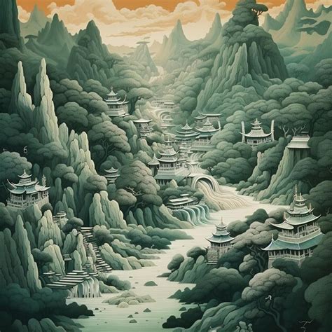 Premium AI Image | Asian landscape illustration