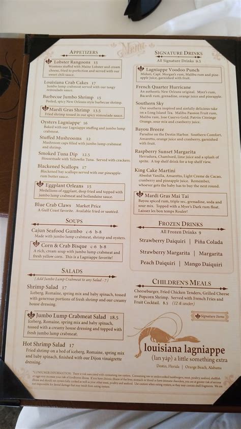 Menu at Louisiana Lagniappe restaurant, Destin