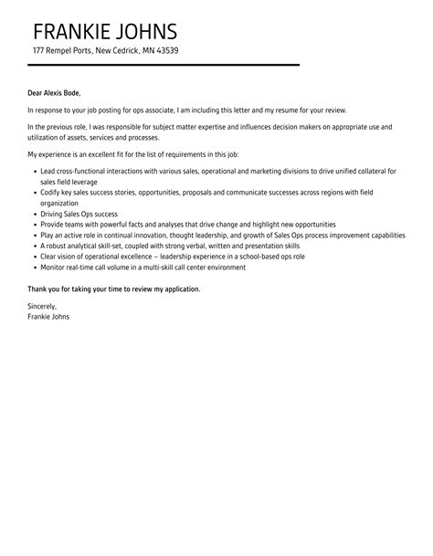 Ops Associate Cover Letter | Velvet Jobs