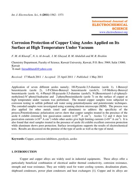 PDF Corrosion Protection Of Copper Using Azoles Applied On Its