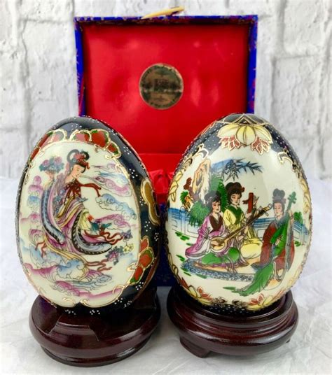 Yin Lin Arts Treasures Of China Porcelain Eggs On Wooden Stands Ebay