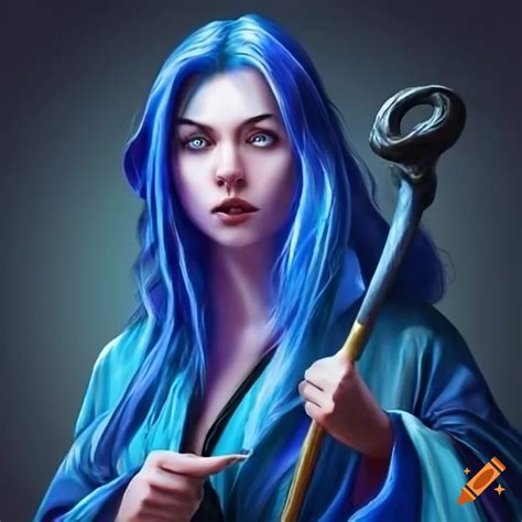 Beautiful Female Wizard In An Ultramarine Colored Robe Holding Staff On