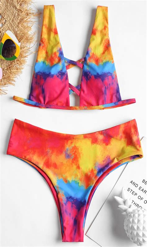 Rainbow Criss Cross Tie Dye High Leg Bikini Set Swim Suit Women High