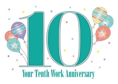 Employee 10th Year Work Anniversary Balloons And Teal 10 Card10th