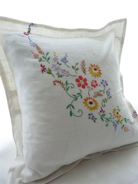 Pillow Cushion cover - embroidered vintage linen | Handmade pillow ...