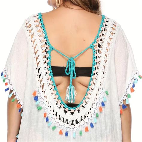 Plus Size Boho Cover Up Dress Womens Plus Crochet Tassel Trim Short Sleeve V Neck Cover Up Temu