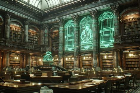 Futuristic Library With Holographic Projections And Classical