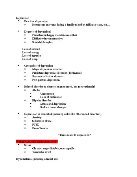 Depression Lecture Fall Dr Shiflett Class Notes For