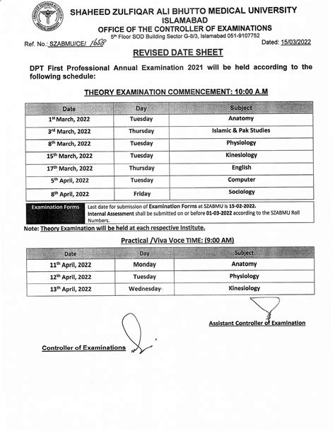 Szabmu Dpt Annual Exam Revised Datesheet Result Pk