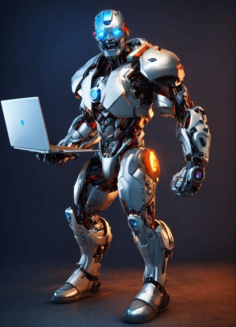 Lexica Cyborg Mascot 3d Full Body Hold Laptop Screaming