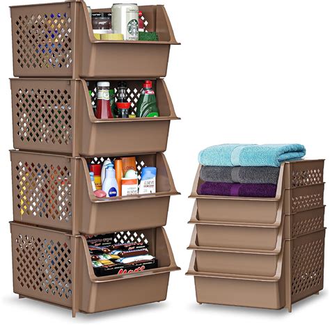 Skywin Stackable Storage Bins for Pantry (Brown) - 4 PackStackable Bins ...