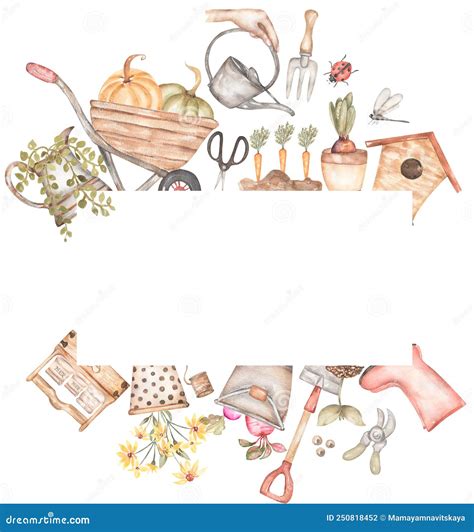 Aquarellhandgezeichnete Gartenrahmenwerkzeuge Clipart Garden Werkzeuge