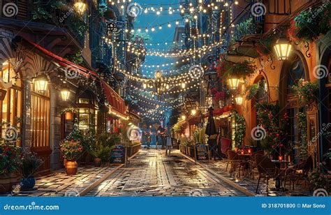 A Lively Urban Street Scene At Dusk With Lights And People Enjoying The