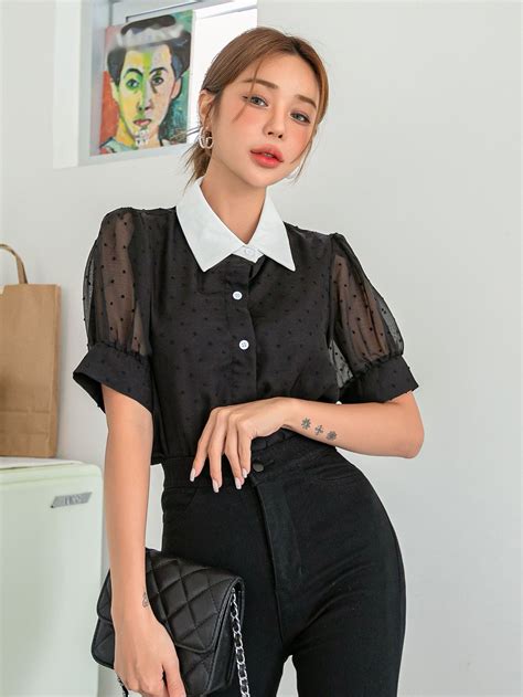 Swiss Dot Puff Sleeve Contrast Collar Blouse Contrast Collar Shirt