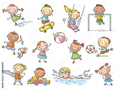 Set of cartoon kids outdoor activities, sports and games Stock Vector ...