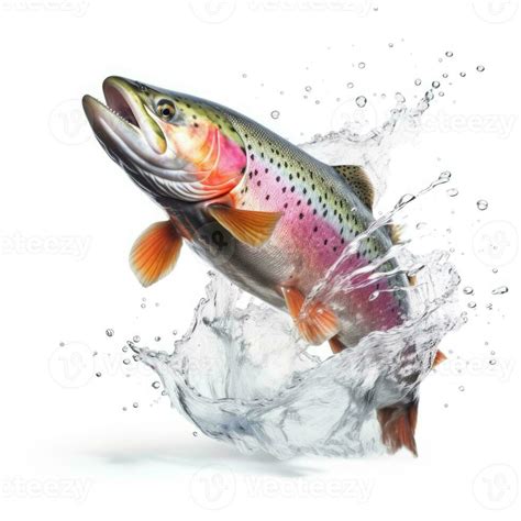 Rainbow trout jumping up and splashing on white background. Generative AI 26910032 Stock Photo ...