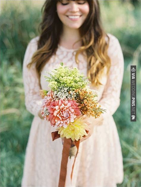 Peach Bridesmaid Dress And Wildflower Bridesmaid Bouquet We Love