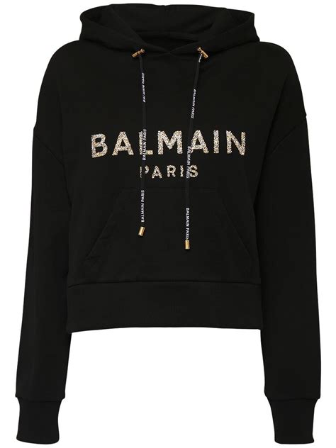 Balmain Logo Crop Cotton Sweatshirt Hoodie In Blackgold Black Lyst