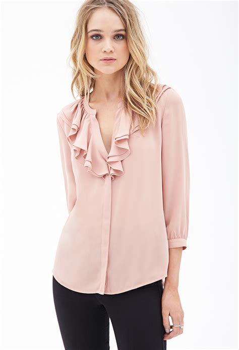 Lyst Forever 21 Ruffled Chiffon Blouse In Pink