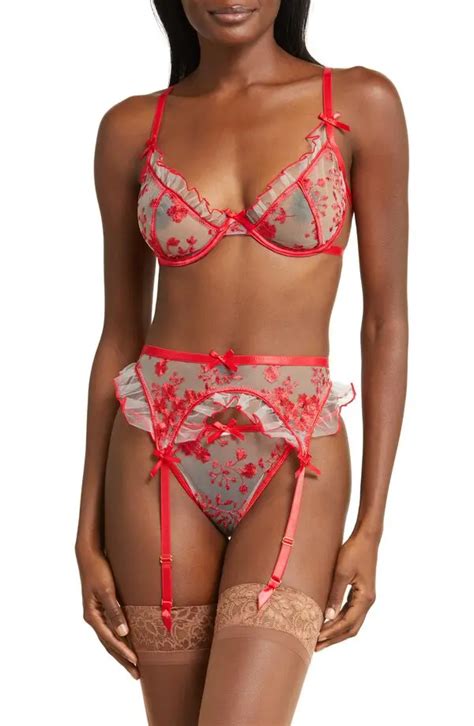 Coquette Embroide Garter Belt And G String Set Red Editorialist