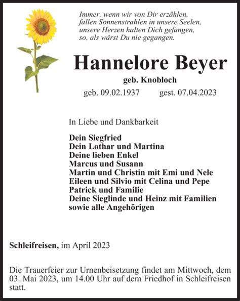 Traueranzeigen Von Hannelore Beyer Trauer In Thueringen De