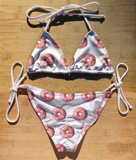 Swimwear Scrunch Butt Tie Triangle Top Bikini Set Pink Sprinkles Thong Cheeky Full