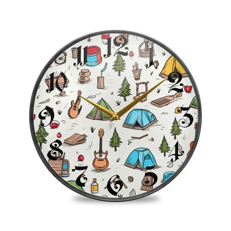 12" Round Silent Wall Clocks Camping and Guitars Acrylic Battery