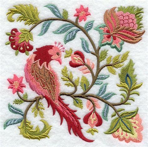 Jacobean Bird And Flower Square Machine Embroidered Quilt Block Azeb