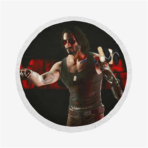 Cyberpunk Keanu Reeves Video Game Round Beach Towel