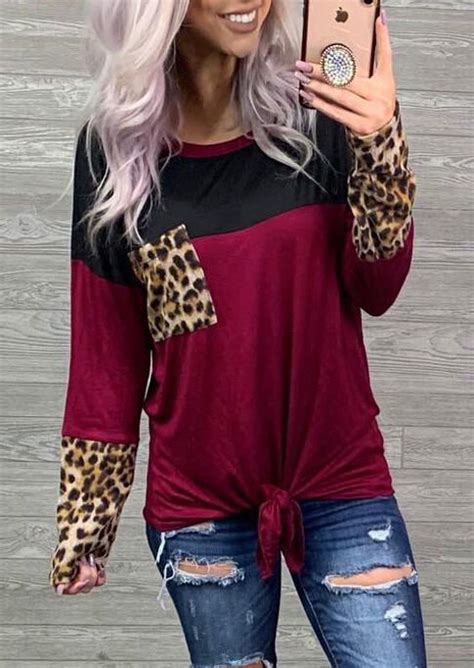 Leopard Printed Color Block Splicing Pocket Tie Blouse Burgundy