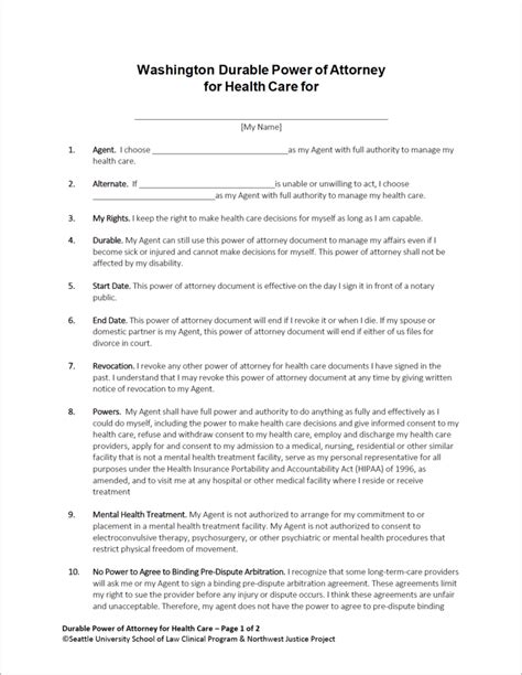 Free Washington Durable Power Of Attorney For Health Care Form Pdf