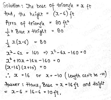 Solved The Height Of A Triangle Is 6 Ft Less Than The Base X The Area