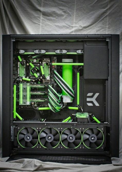 Green Black Computer PC Tower Setup Liquid Cooled Case Custom