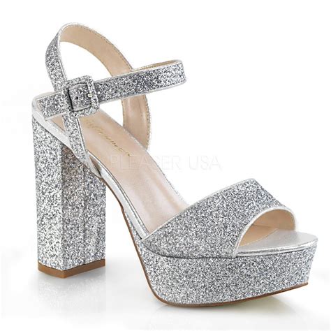 Chunky Glitter Platform Competition Heels In Silver Silver Glitter