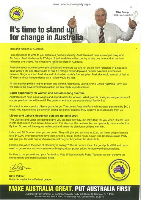 Clive Palmer United Australia Party Flyer One Of A Great Flickr