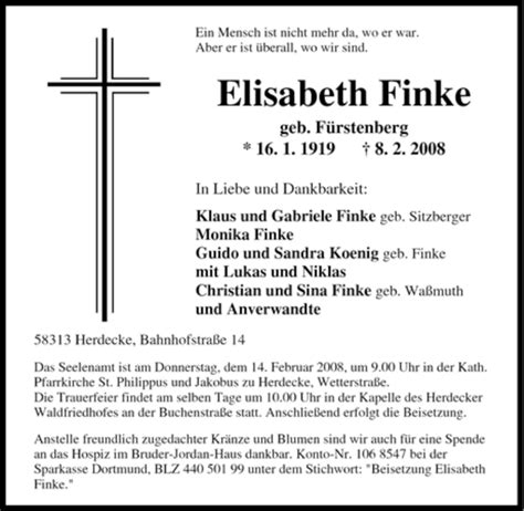 Traueranzeigen Von Elisabeth Finke Trauer In Nrw De