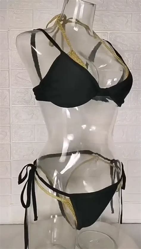 Ruiyi 2024 Designer Lace Up Hot Girl Black Gold String Bikini Sexy