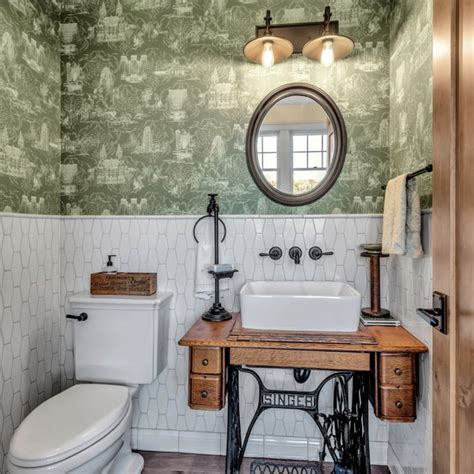 A Bathroom With A Sink Toilet And Sewing Machine