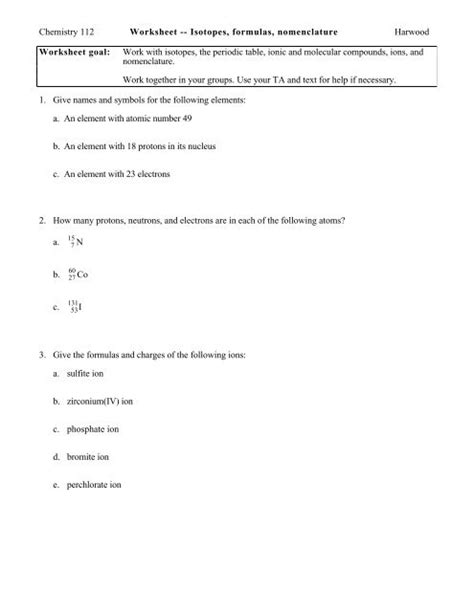 Chemistry 112 Worksheet -- Isotopes, formulas, nomenclature - UIC ...