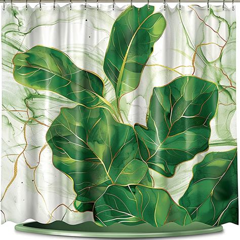 Hyper Realistic Green Marble Shower Curtain With Fiddle Leaf Fig Tree