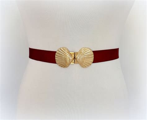 Burgundy Elastic Waist Belt With Gold Seashells Clasp Etsy