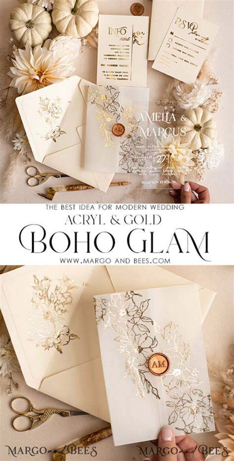 Acrylic Wedding Invitation Suite Boho Glam Wedding Invitations Golden Shine Wedding Invitates