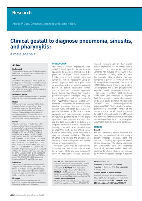 Clinical Gestalt To Diagnose Pneumonia Sinusitis And Pharyngitis A