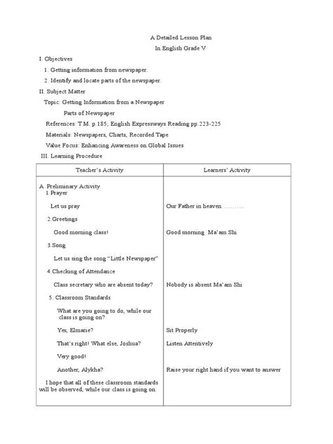 Lesson Plan Sample Lesson Plan Sample Describing Words Read Newspaper